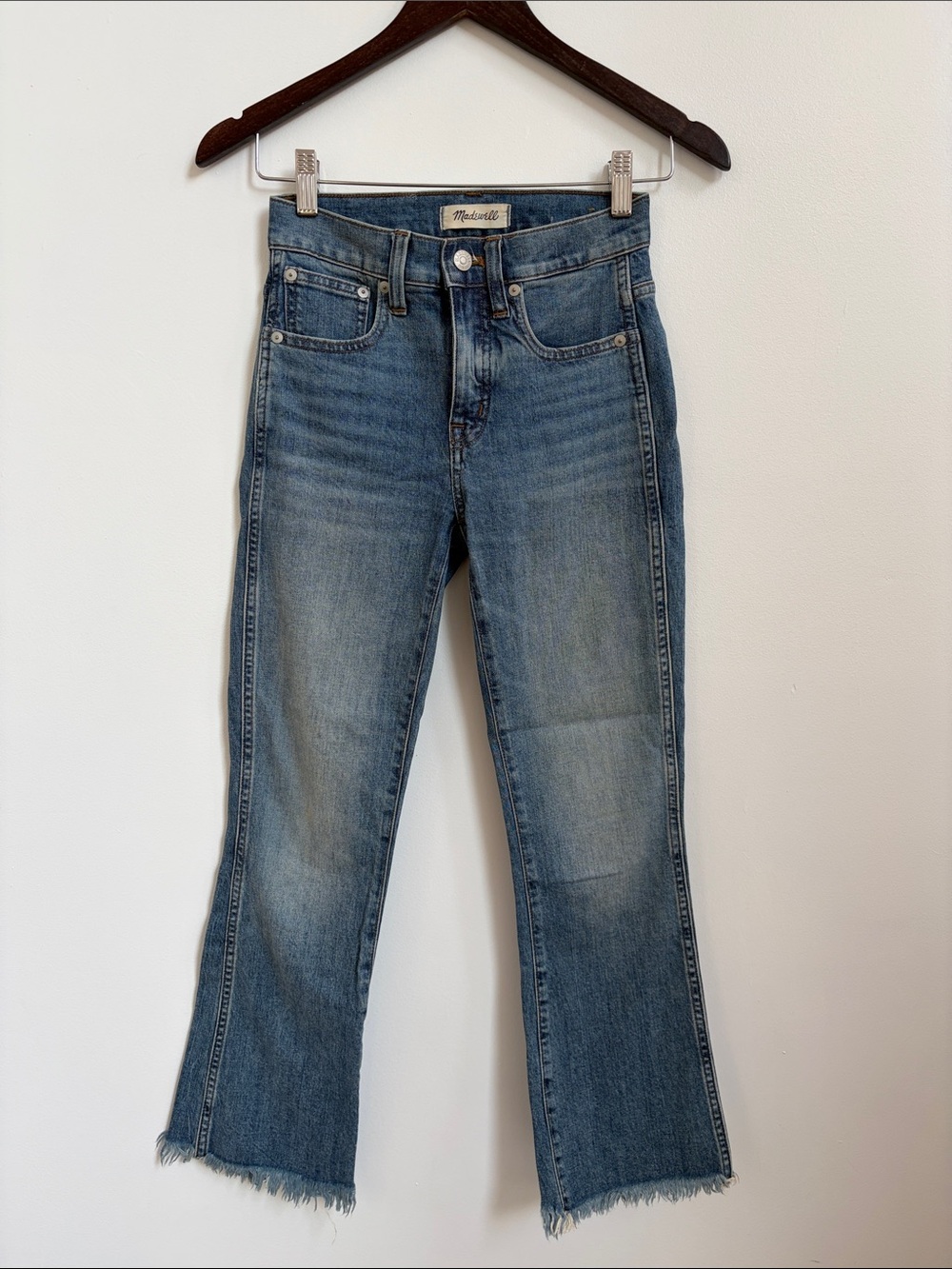 Madewell Washed Blue Flare Jeans with Frayed Hem